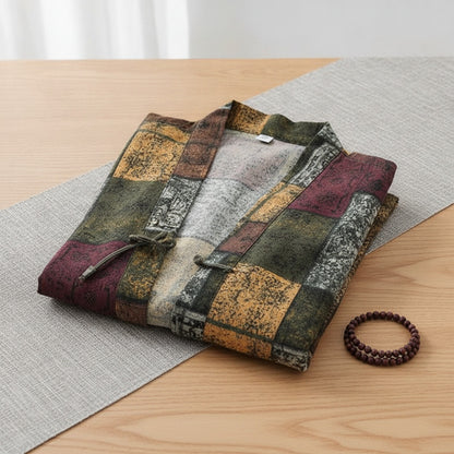Kimono Court Homme Coton Lin Style Asiatique Manches Trois-Quarts