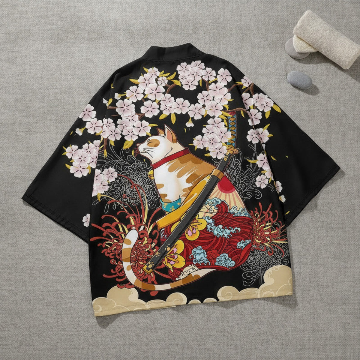 Kimono Court Unisexe Style Japonais avec Motifs Chats en Polyester Léger