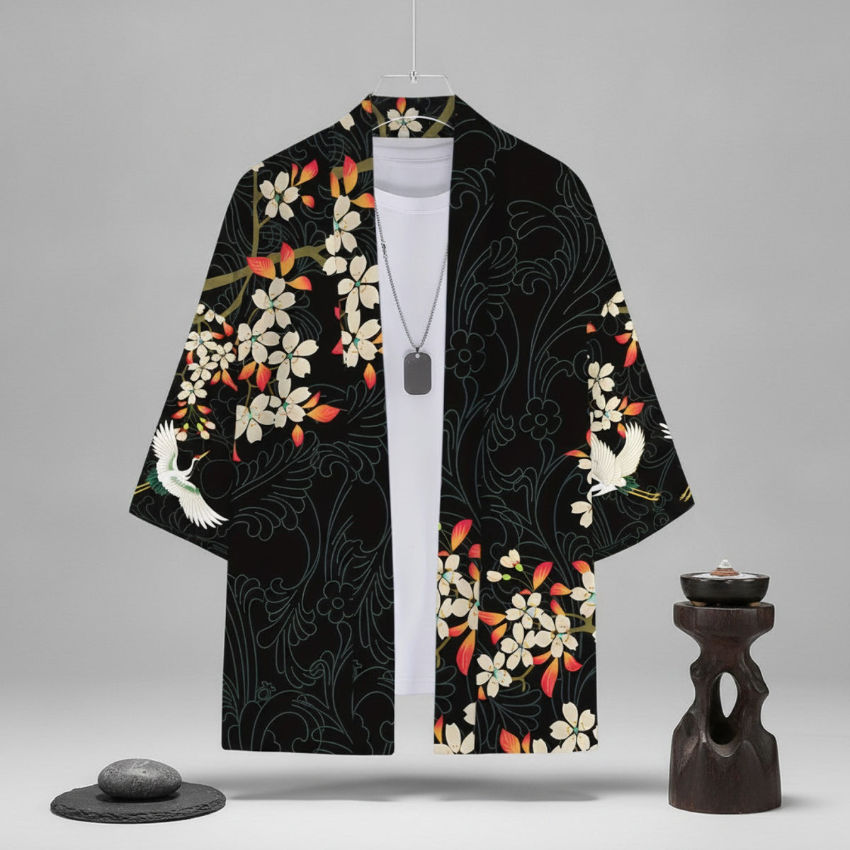 Kimono Court Homme Polyester Manches Trois-Quarts Style Traditionnel Asiatique