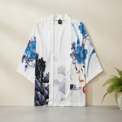 Kimono Court Homme Polyester Manches Trois-Quarts Style Traditionnel Asiatique
