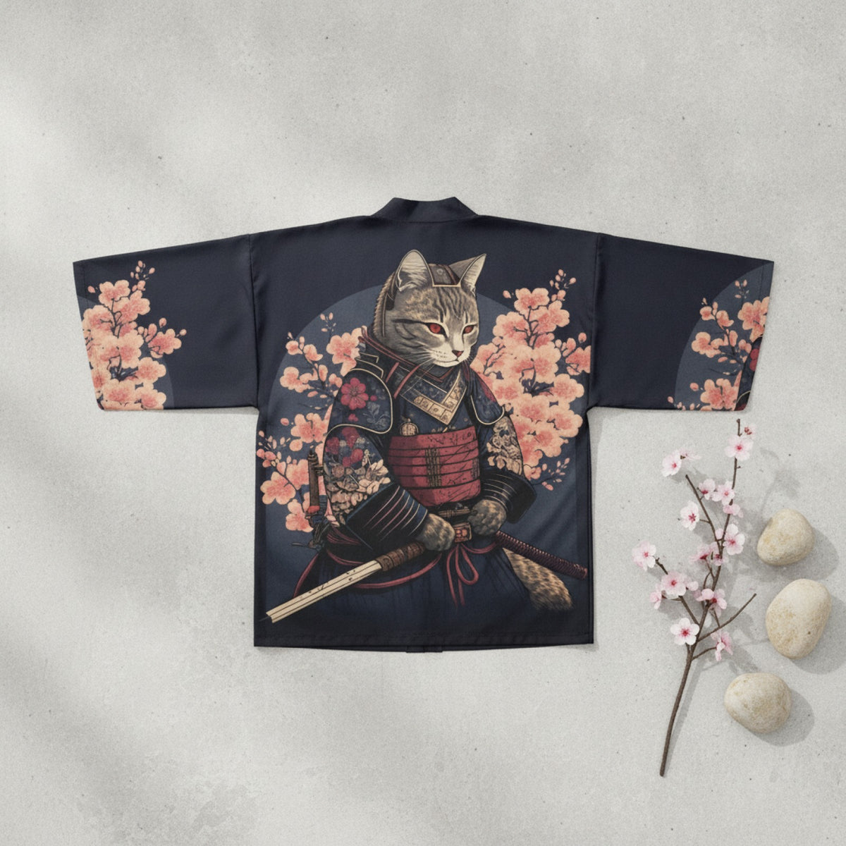 Kimono Court Homme Style Japonais avec Motifs Chat - Polyester Léger