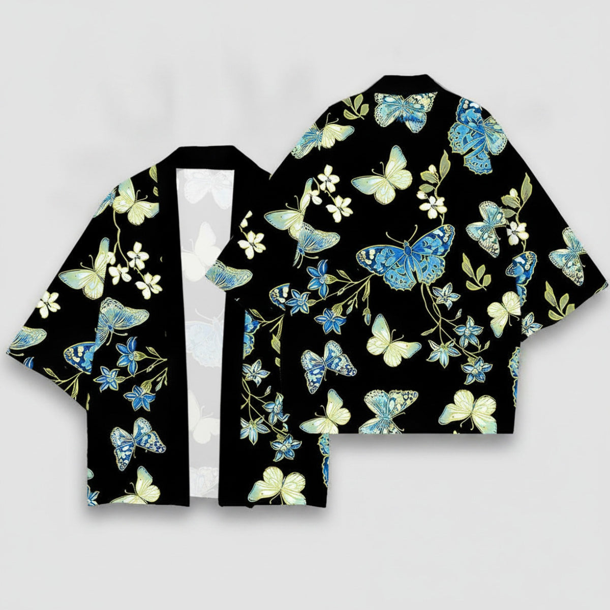 Kimono Court Polyester Motif Papillons Noir - Style Asiatique Traditionnel