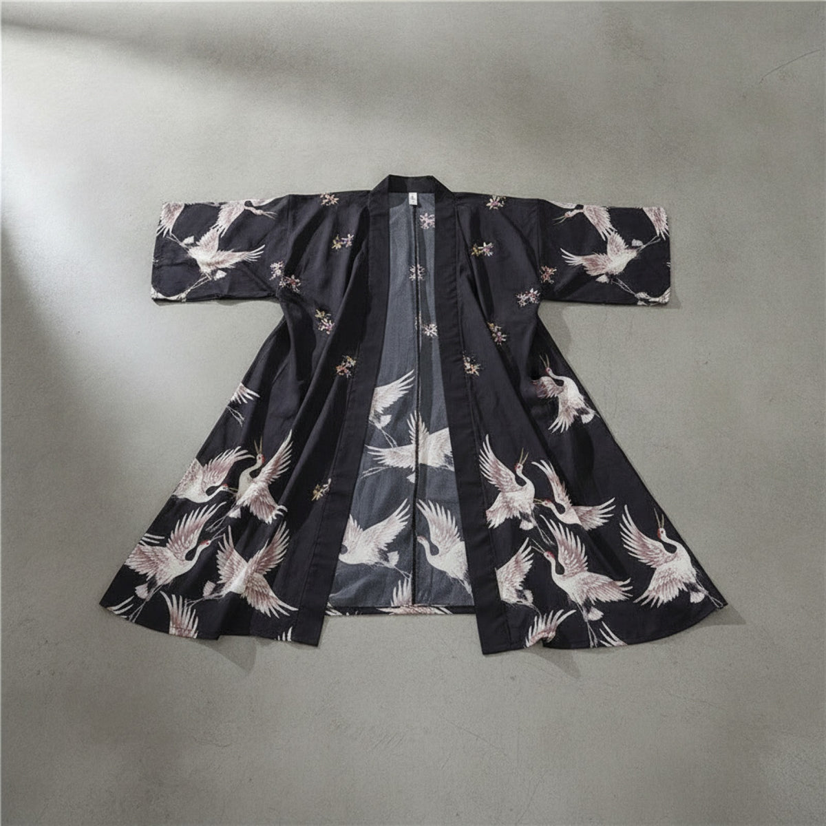 Kimono Court Polyester Motif Japonais Noir - EASTQUEEN