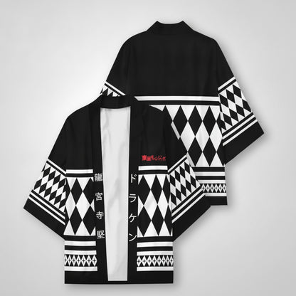 Kimono Court Polyester Style Asiatique Mixte Noir et Blanc