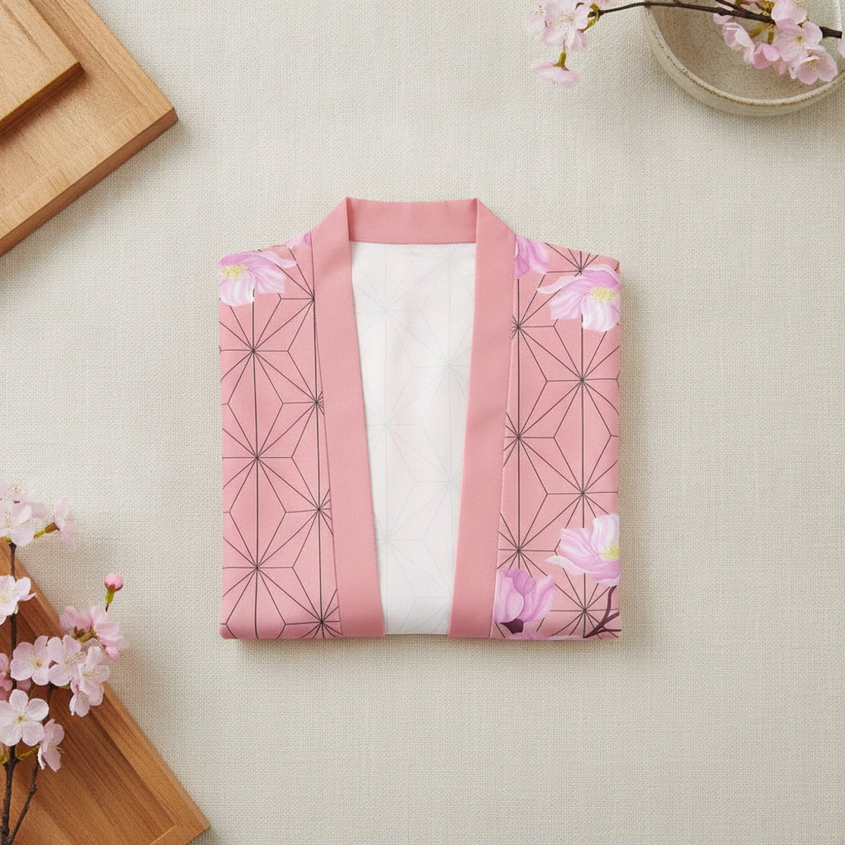 Kimono Court Polyester Style Asiatique "Rose Géométrique"