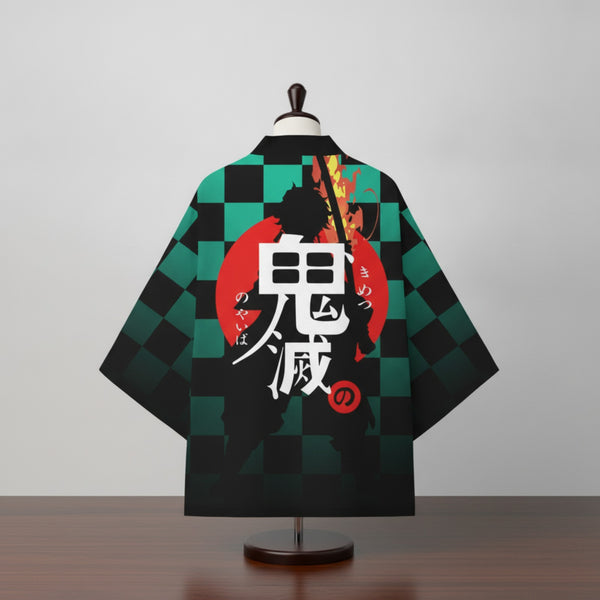 Kimono Court Mixte Polyester Style Asiatique - Noir et Vert
