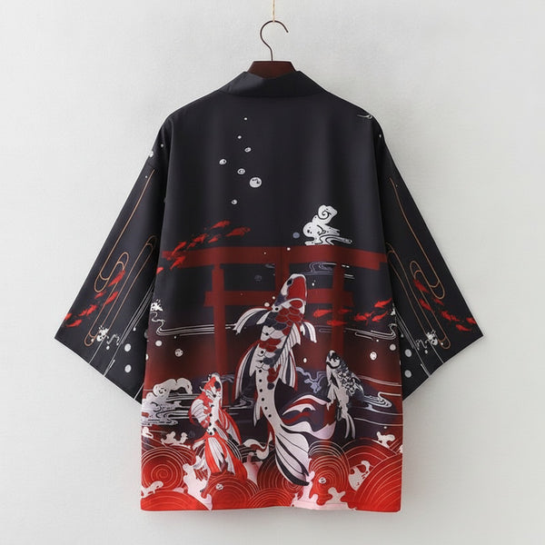 Kimono Court Léger Style Japonais Mixte Polyester Noir et Rouge
