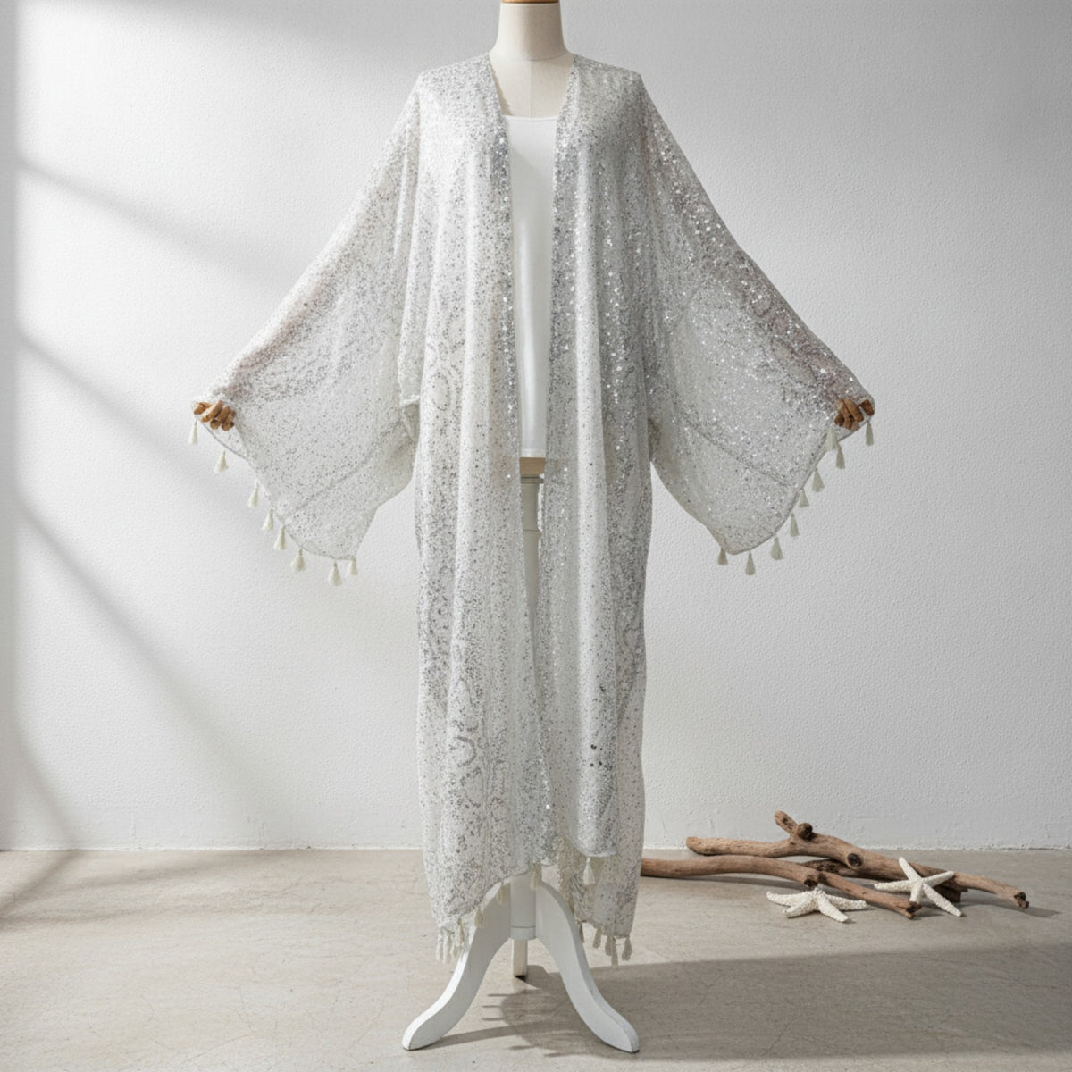Kimono Long Brillant Argenté Femme - Style Bohème Chic