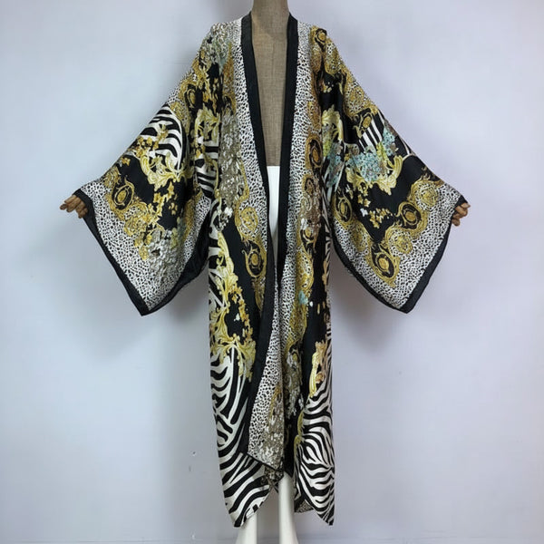 Kimono Long Femme Bohème – Cardigan Léger Imprimé Effet Soie