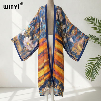 Kimono Long Femme Style Bohème Imprimé Polyester Léger