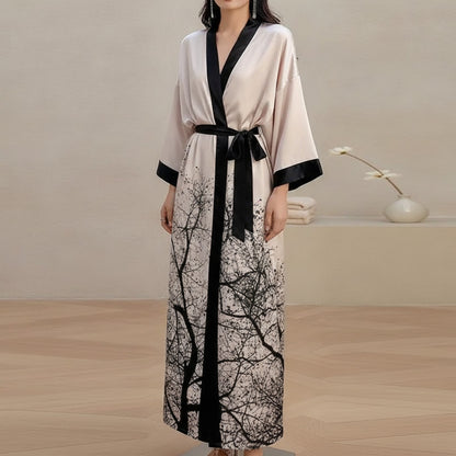 Kimono Long Fleuri en Satin Noir pour Femme - Taille Unique