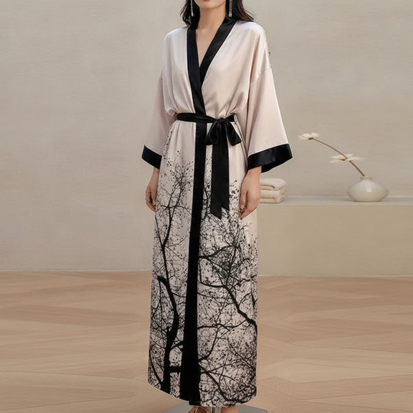 Kimono Long Fleuri en Satin Noir pour Femme - Taille Unique