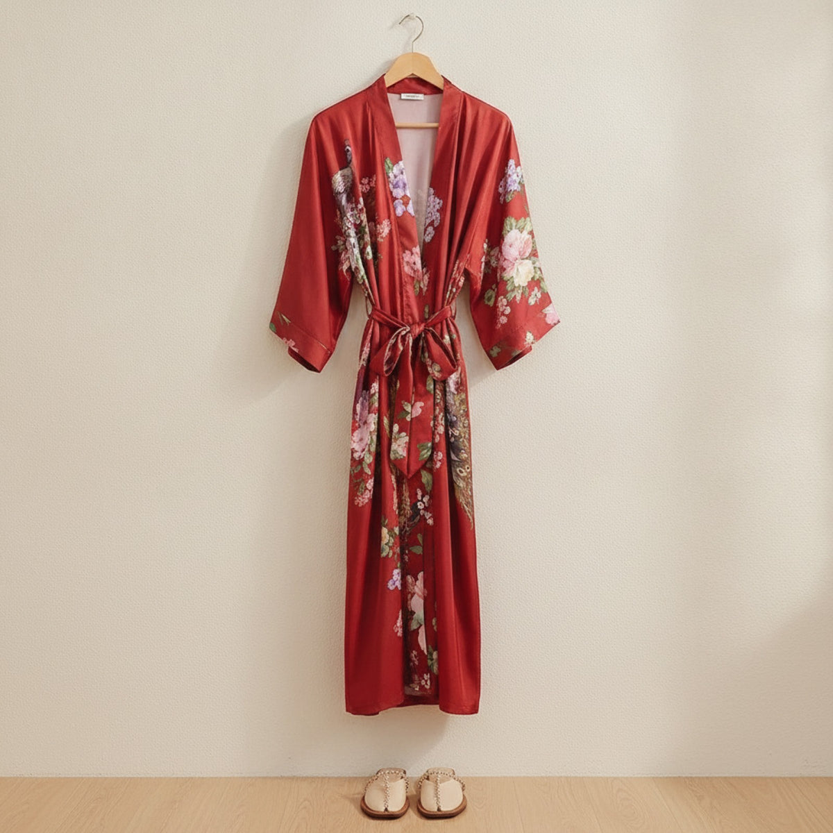 Kimono Long Fleuri en Satin Noir pour Femme - Style Vintage