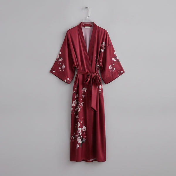 Kimono Long Satiné Fleuri Femme - Confort & Élégance