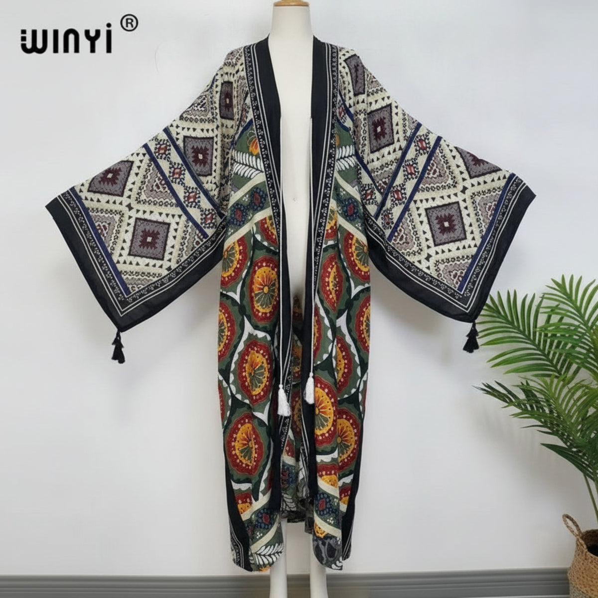 Kimono Long Bohème Femme Motif Ethnique Imprimé Main