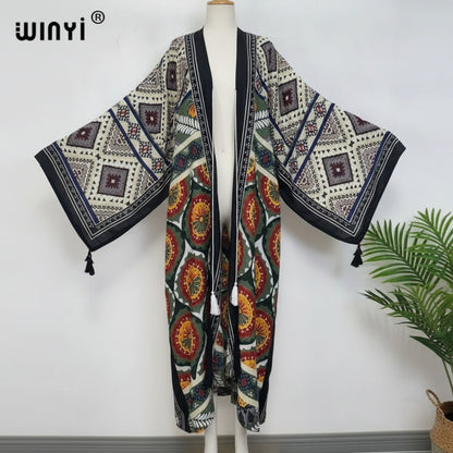 Kimono Long Bohème Femme Motif Ethnique Imprimé Main