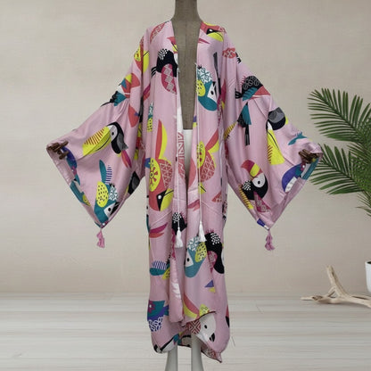 Kimono Long Bohème Femme à Manches Chauve-Souris - Motif Fleuri Léger