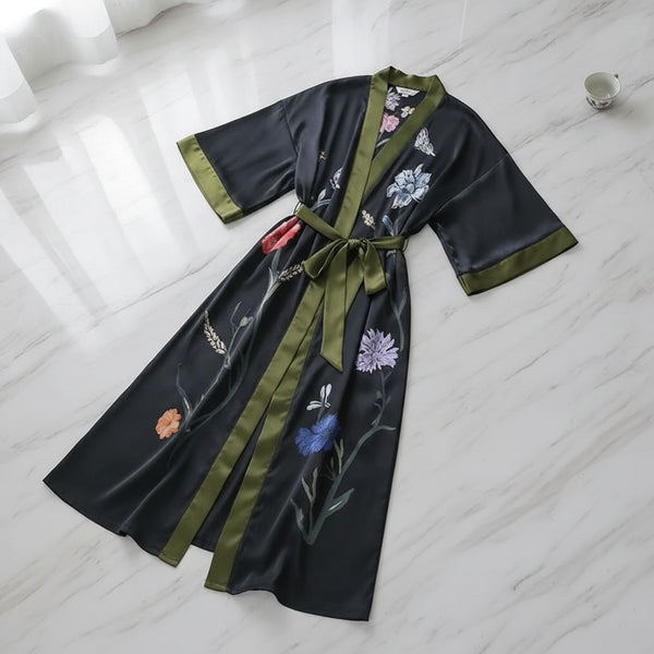 Kimono Long Fleuri en Satin Noir pour Femme