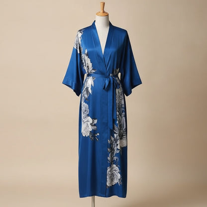Kimono Long Satiné Femme Imprimé Floral - Noir