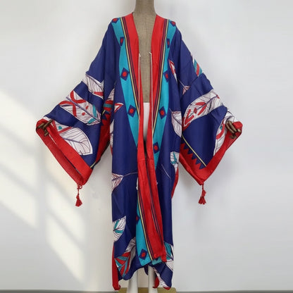 Kimono Long Bohème Femme Style Bohémien Imprimé Fleuri Manches Chauve-Souris