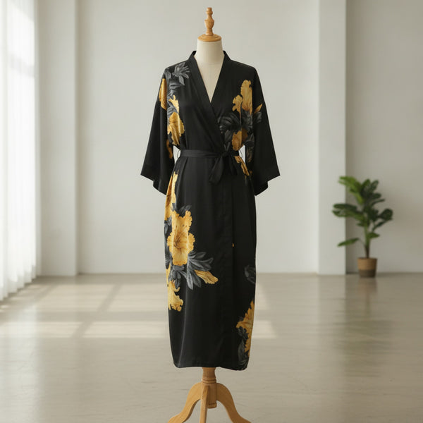 Kimono Long Satiné Noir Fleuri Femme - Confort & Élégance
