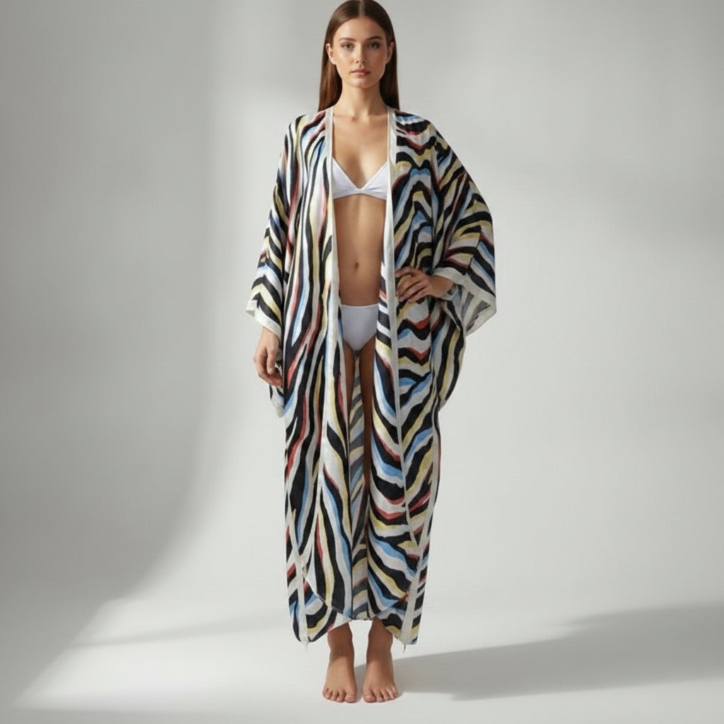 Kimono Long Femme Bohème Imprimé "Zèbre" - Polyester Léger