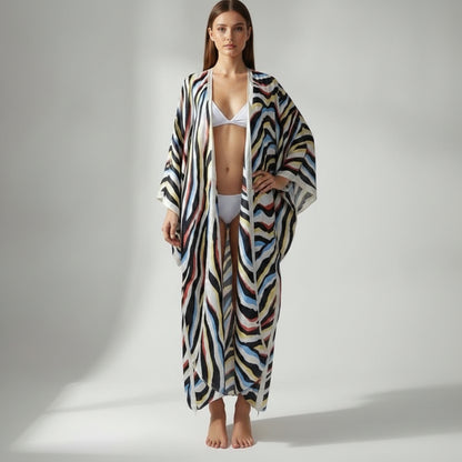 Kimono Long Femme Bohème Imprimé "Zèbre" - Polyester Léger