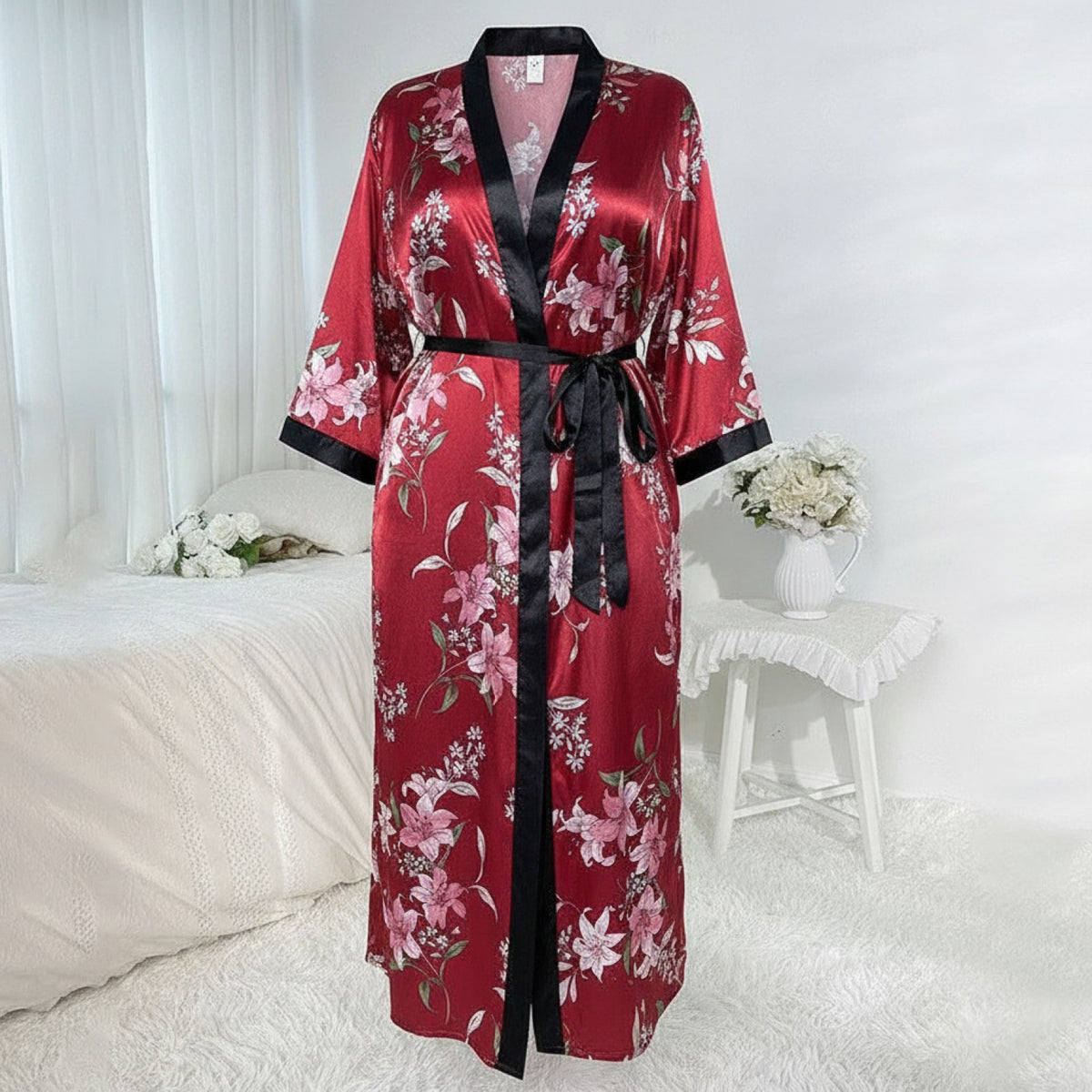 Kimono Long Satiné Grande Taille Femme - Motif Léopard & Fleurs