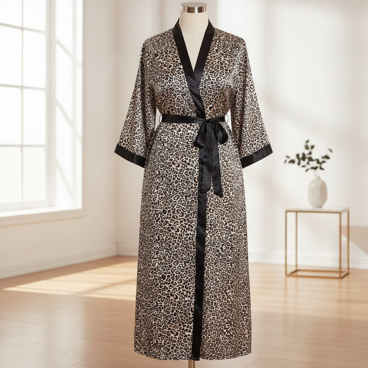 Kimono Long Satiné Femme Motif Léopard - Confort & Style
