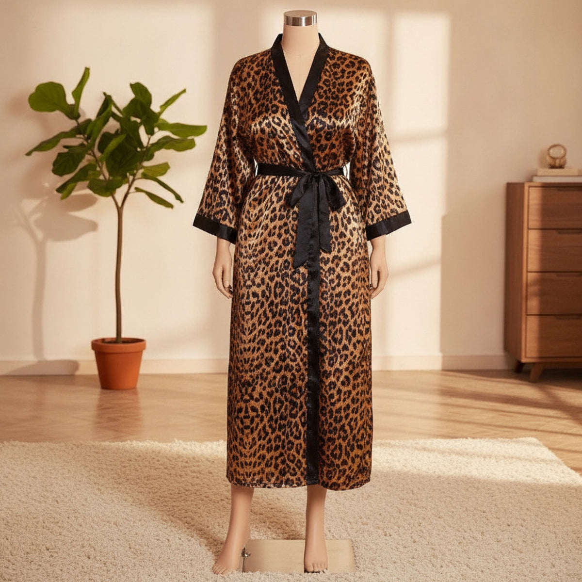 Kimono Long Satiné Femme Imprimé Léopard - Tailles XL à 5XL