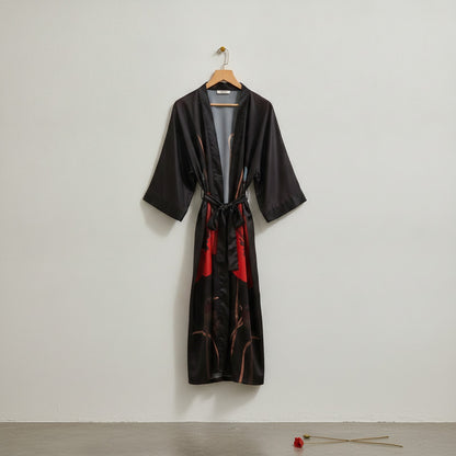 Kimono Long Satin Fleuri Femme - Robe de Chambre Douce et Soyeuse