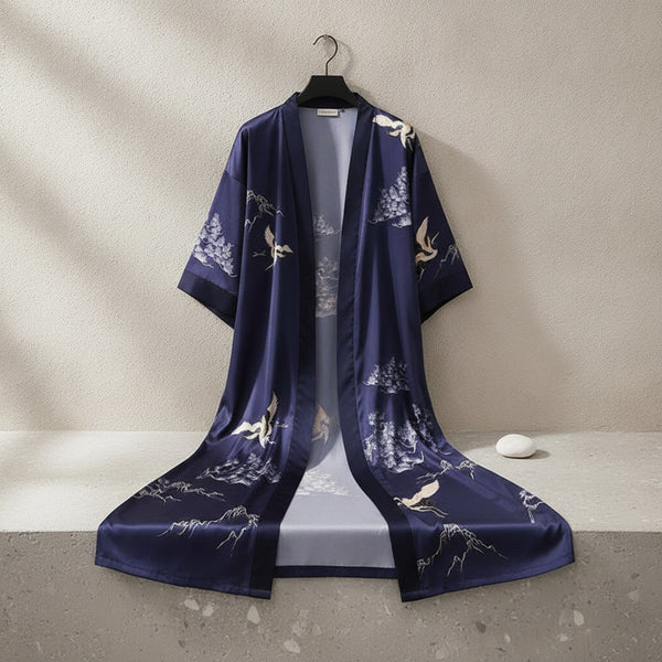 Kimono Long Fleuri en Satin pour Femme - Style Vintage et Confortable