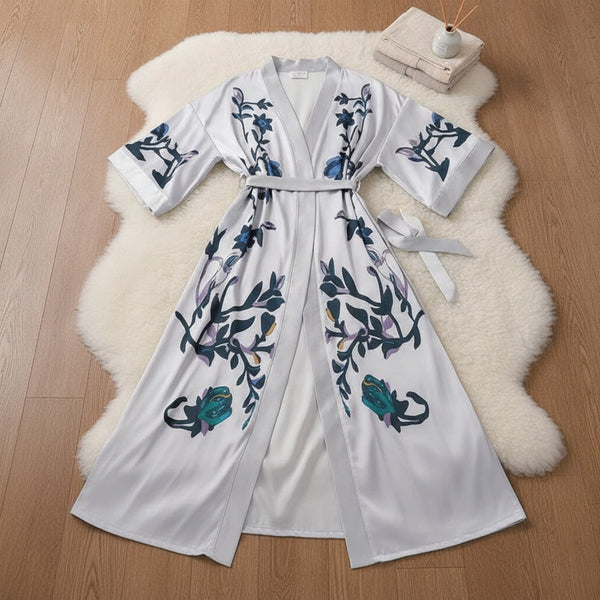 Kimono Long Fleuri en Satin pour Femme - Confort & Élégance