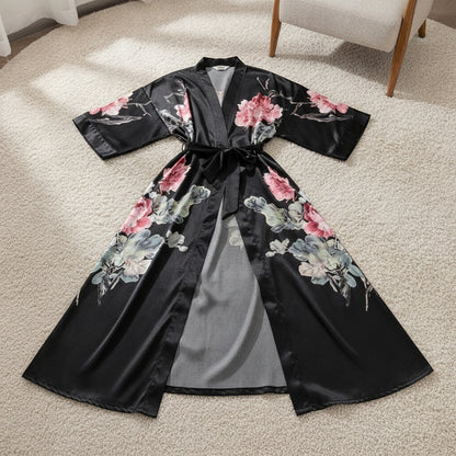 Kimono Long Satin Fleuri Femme - Confort & Élégance