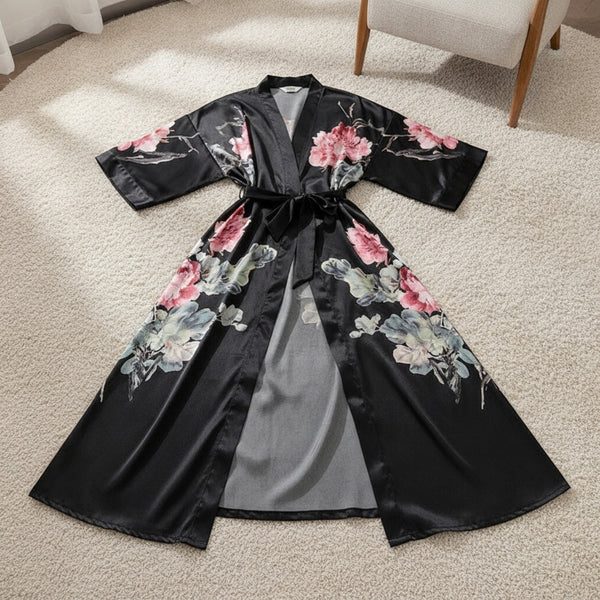 Kimono Long Satin Fleuri Femme - Confort & Élégance