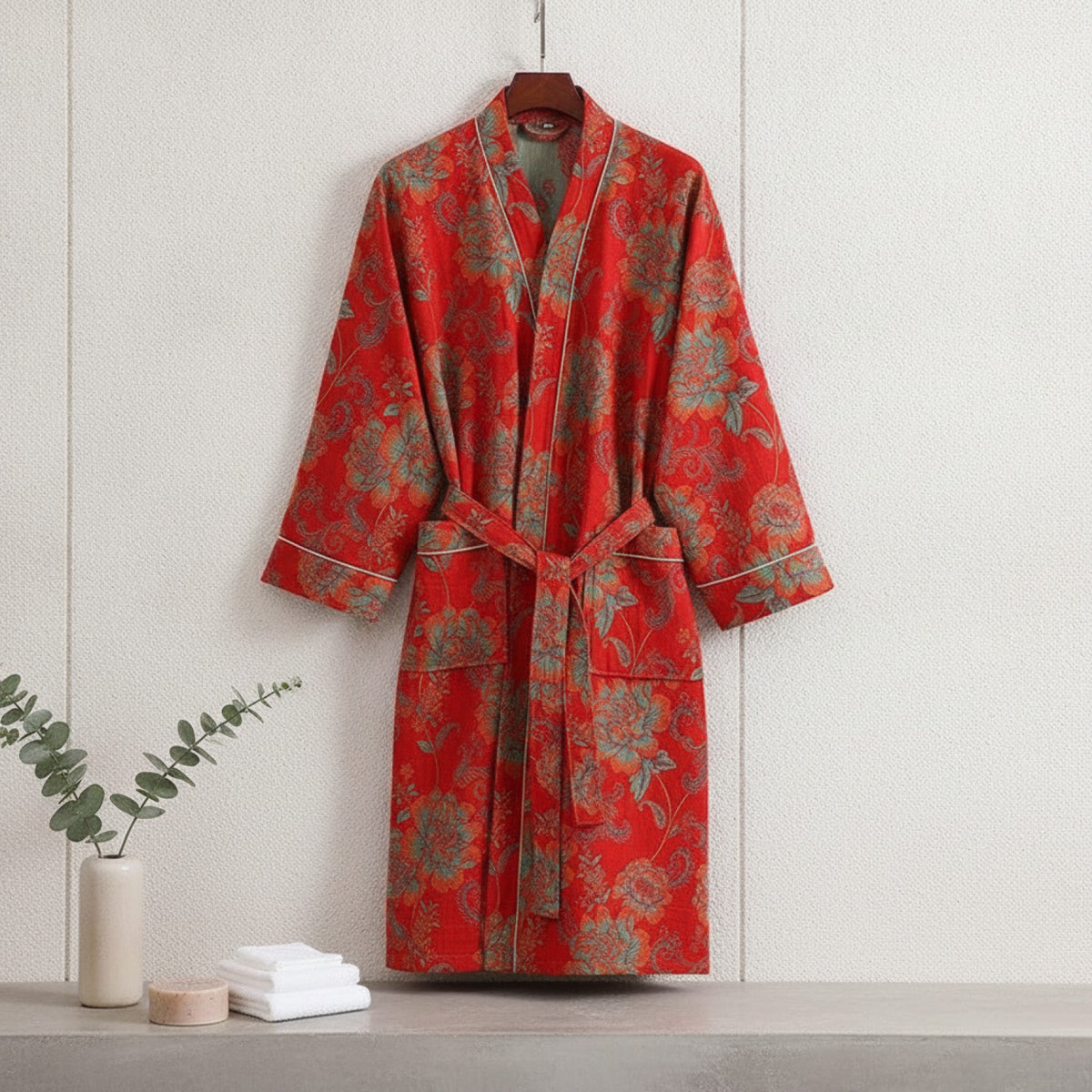 Kimono Mi-long Fleuri Femme en Coton Léger