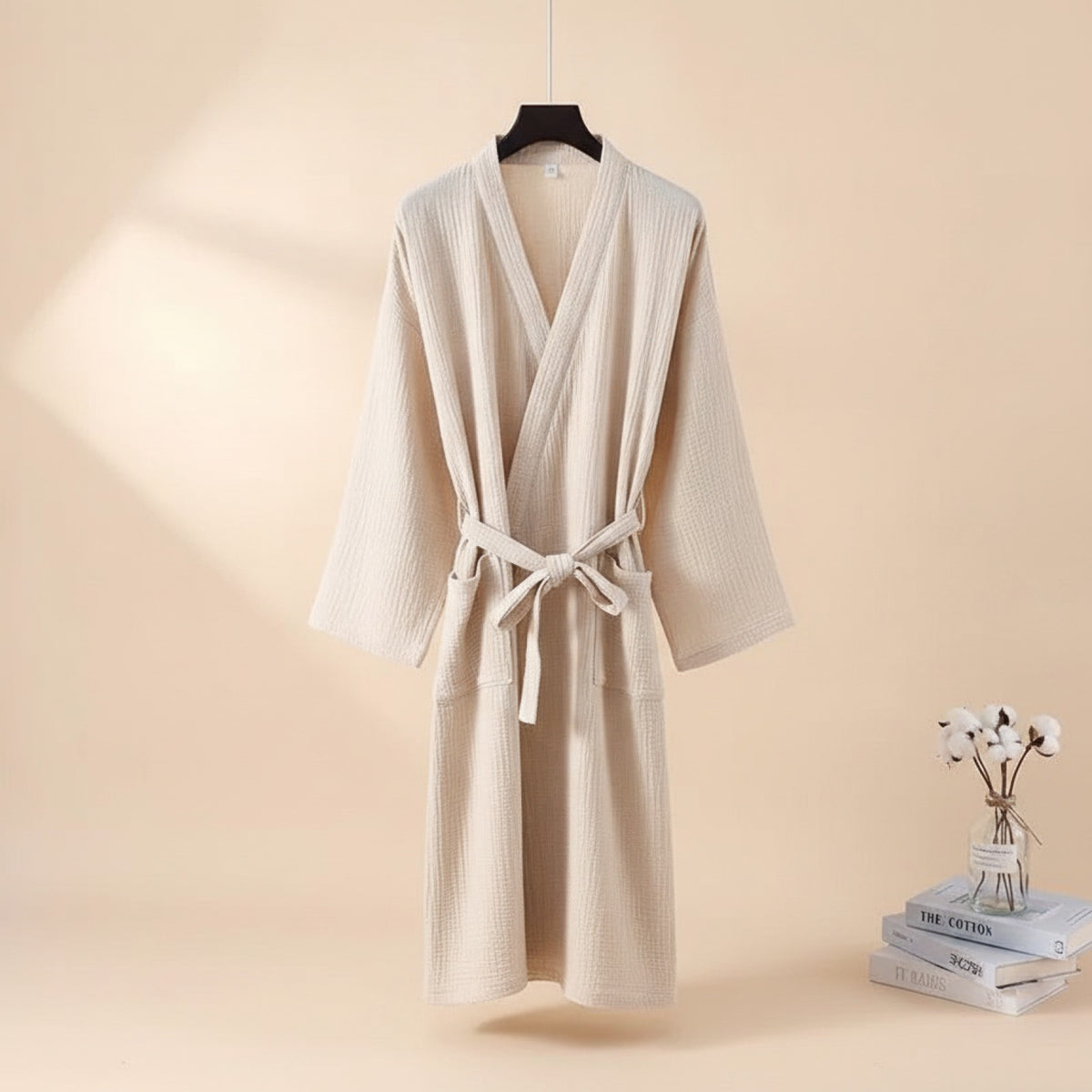 Kimono Robe de Chambre Femme en Coton - Longueur Genou, Manches Trois-Quarts