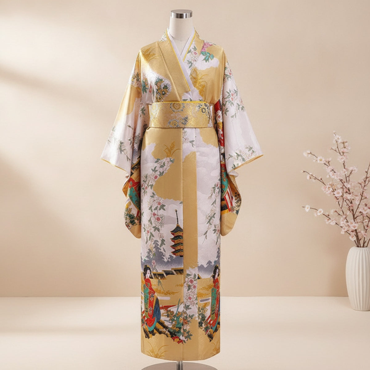 Kimono Femme Traditionnel Style Japonais en Satin et Polyester - Taille Unique