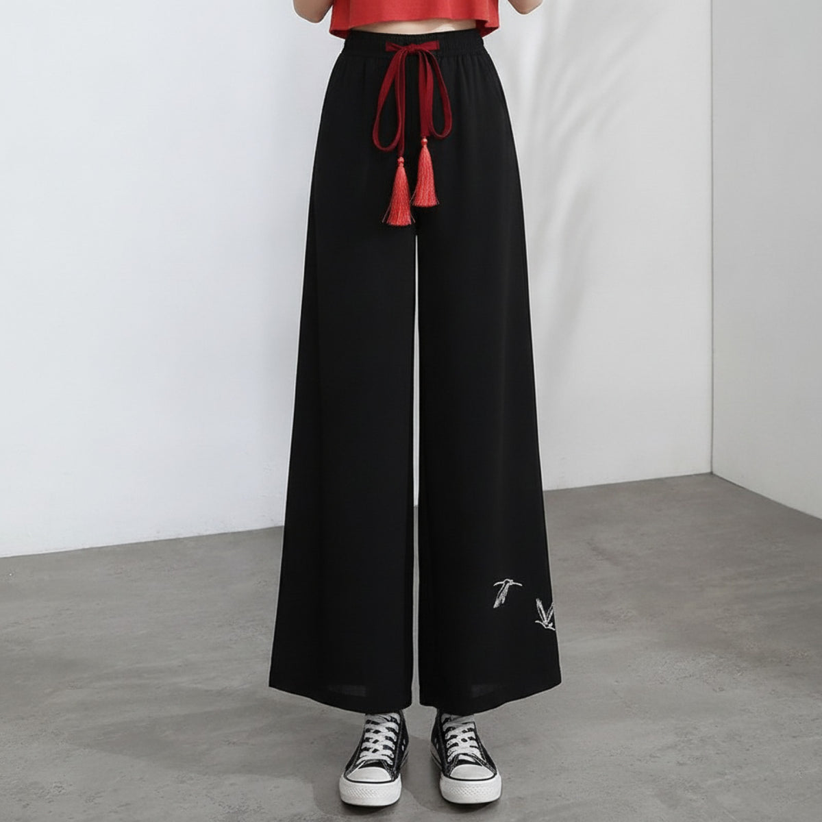 Pantalon Court Femme Tangslady Style Chiffon Léger Motif Oiseaux