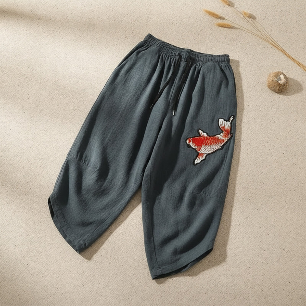 Pantalon court d'été ample en lin pour homme, style chinois