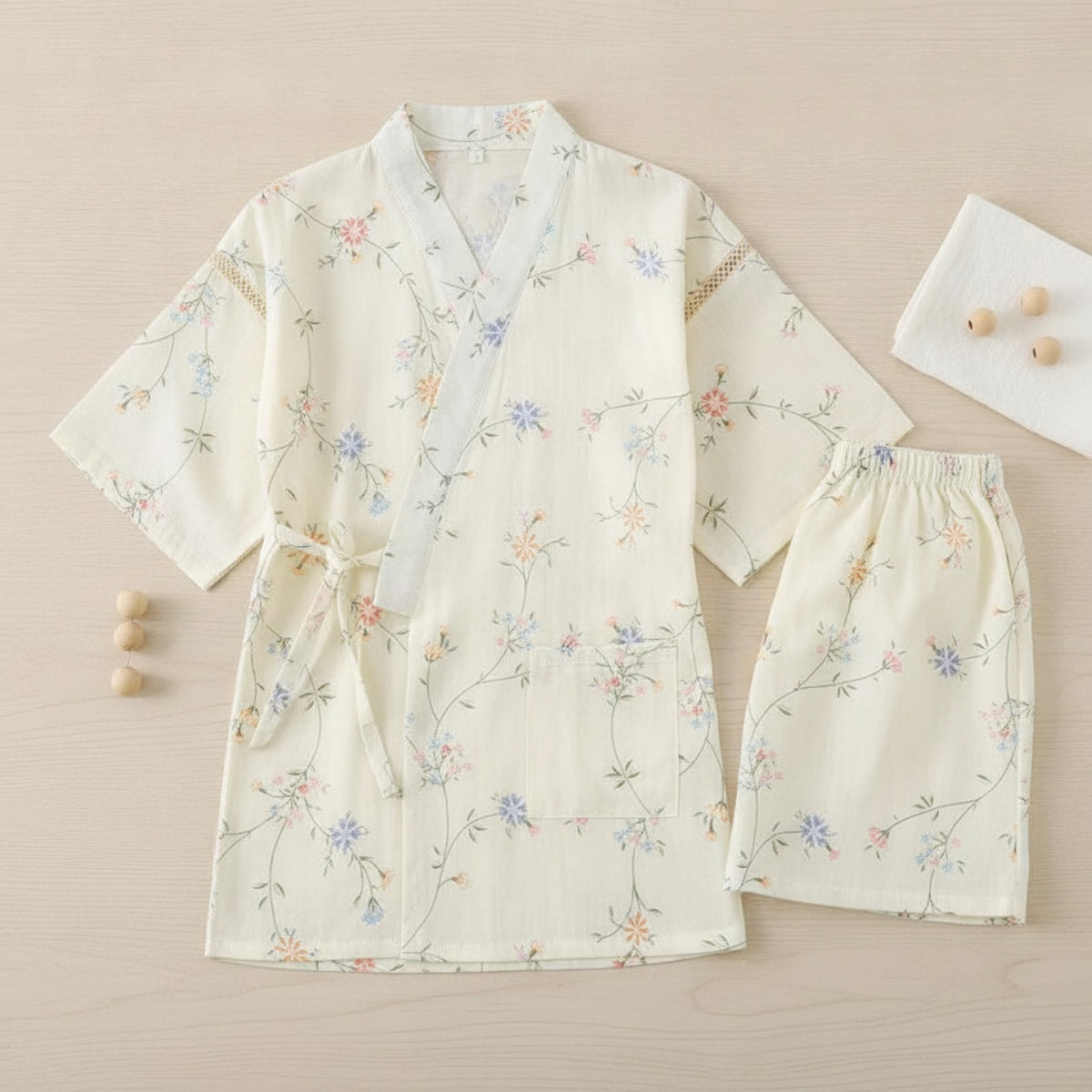 Pyjama Court en Coton pour Femme - Style Kimono V-Neck Fleuri