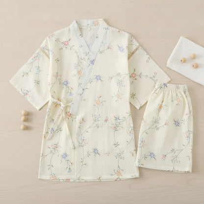 Pyjama Court en Coton pour Femme - Style Kimono V-Neck Fleuri