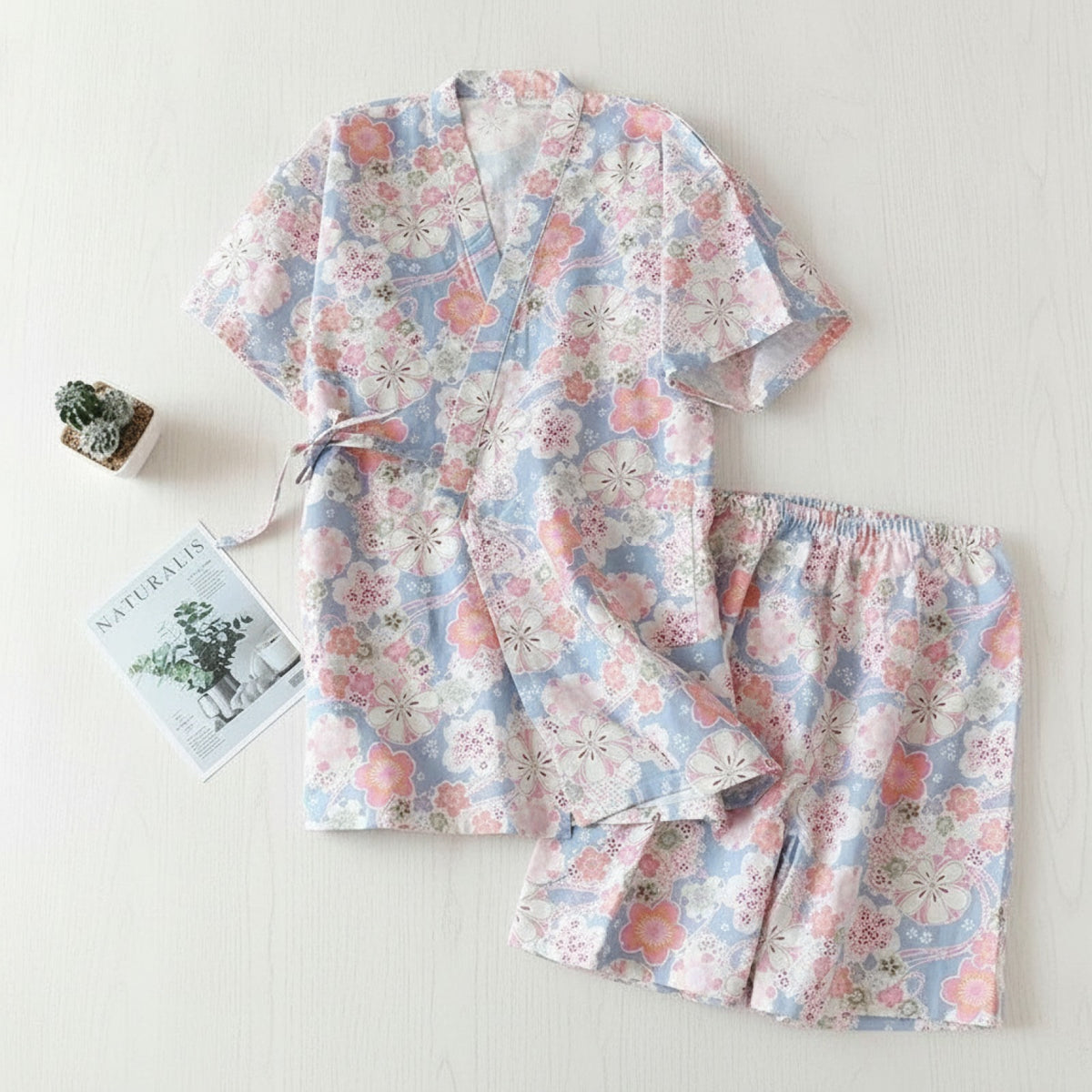 Pyjama d'été en coton pour femme CLOUD COTTON STORY - V-Neck fleuri